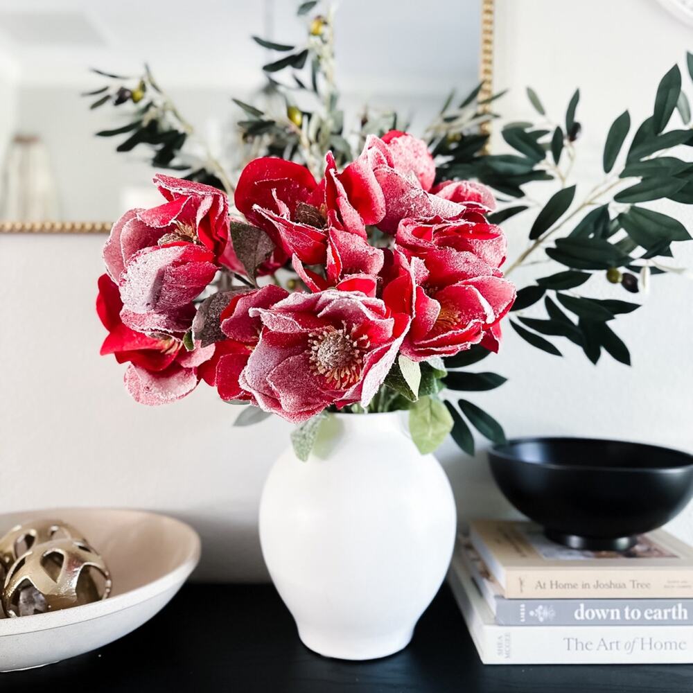 Snowy Frosted holiday red Magnolia Christmas stems Bundle artificial flowers